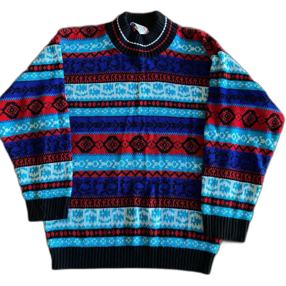 Vintage Glamour-Knit Striped Fair Isle Sweater Adult Medium